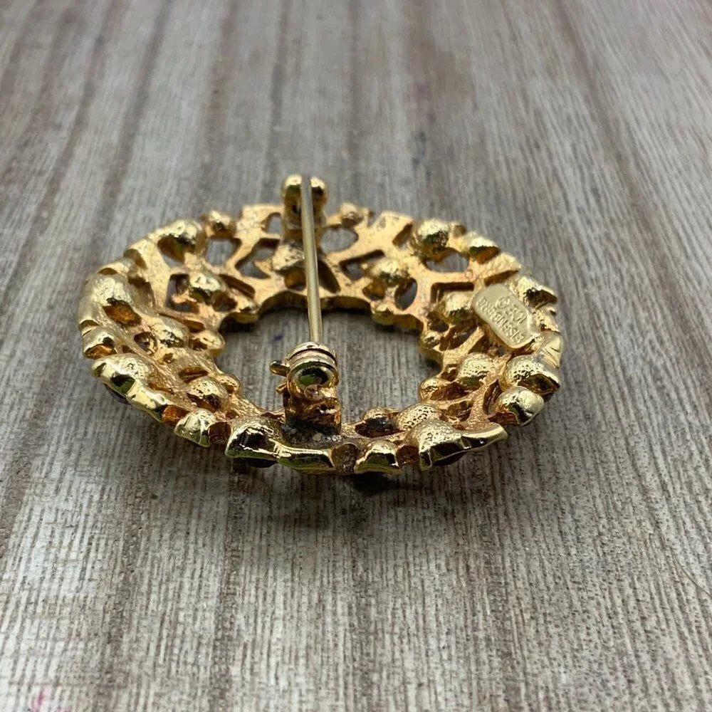 Eisnberg Ice Vintage Red Green Christmas Wreath Gold Tone Brooch